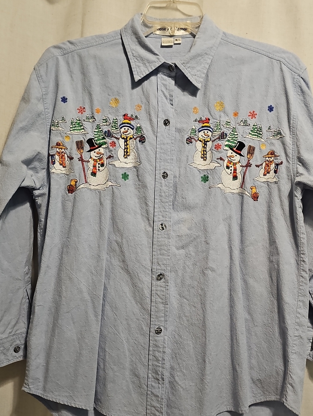 Casey Coleman Denim Embroidered Snowman Button-Down Shirt
